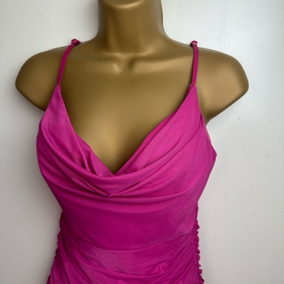 Hello Molly Hot Pink Adjustable Spaghetti Strap Mesh Overlay Ruched Mini Dress 8 - Picture 8 of 15